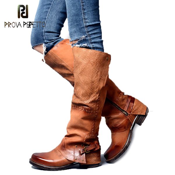 

prova perfetto euramercian style sheep genuine leather patchwork woman knee high boot retro design back buckle strap knight boot, Black