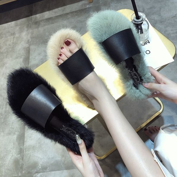 

furry mules slip on flipflop outside open toe student hair woman shoes winter home flat slippers autumn fluffy fur slides, Black