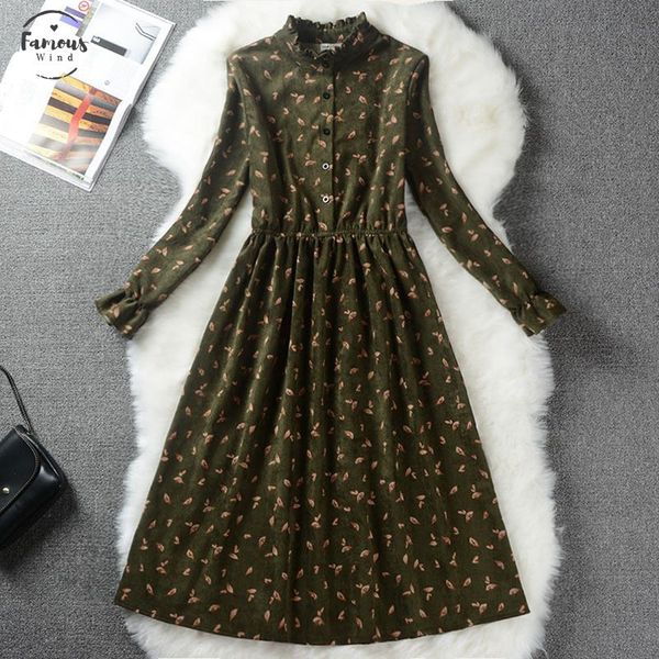 

autumn winter women sweet corduroy dress stand collar print long sleeve femininos vestidos mori girl elegant floral loose waist dress, Black;gray