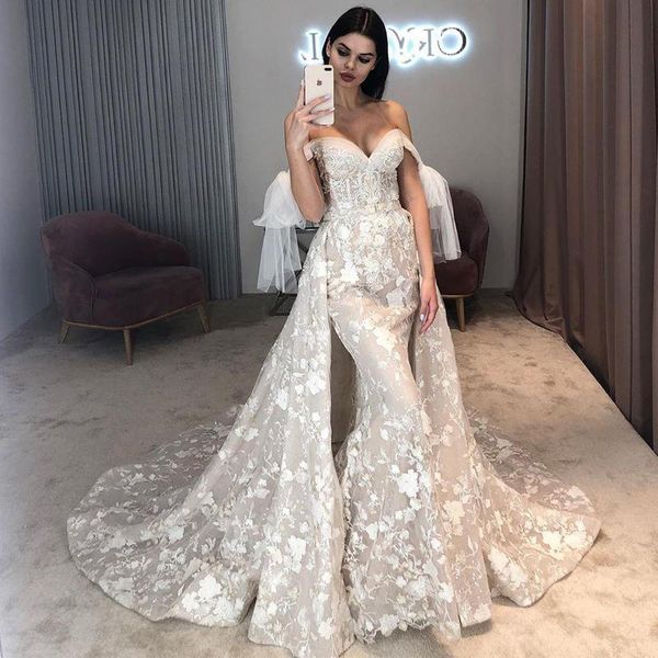 

2020 mermaid floral lace applique wedding dresses with detachable train off shoulder castle wedding gowns vestido de novia, White