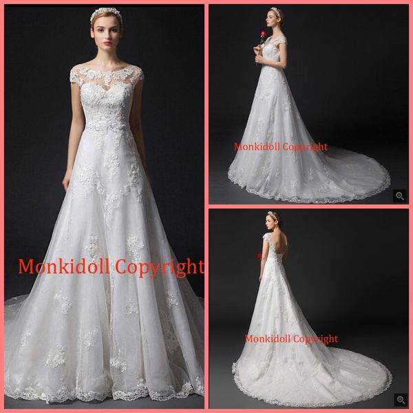 

robe de mariage a line lace appliques beaded sequins formal wedding dresses cap sleeve sheer back stylish bride gowns 2019, White