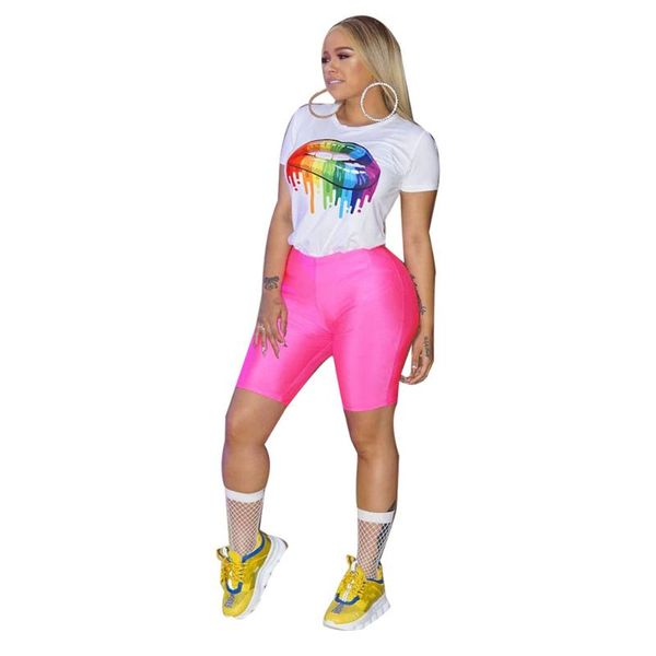 

2020 summer women print white and short pant sets fashion elastic waist 2 two pieces sets suit