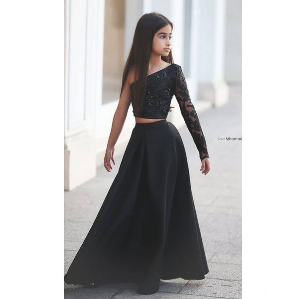 

two pieces gothic black flower girl dresses 2019 new floor length lace child pageant gowns a-line long sleeve first communion dress f810, White;blue