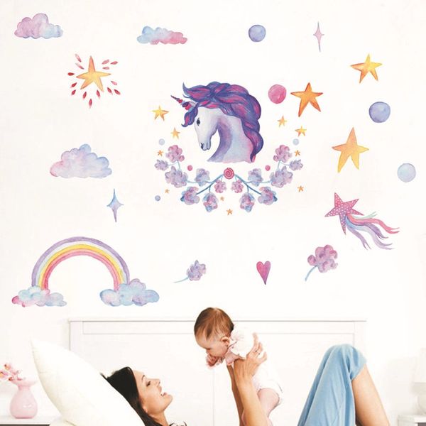 Crayon Style Wallpaper Adesivos Removíveis Unicorns Rainbow Clouds Stars