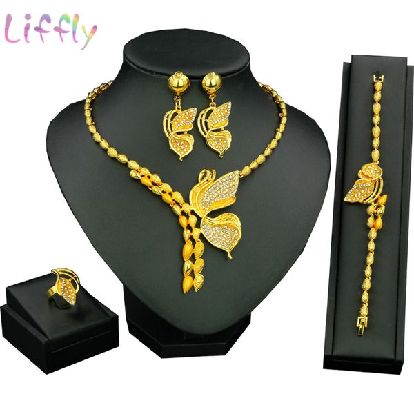 

dubai women's jewelry set bridal wedding jewelry 24 butterfly crystal african set necklace earrings ring bracelet, Silver