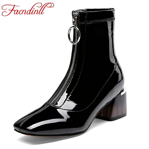 

facndinll women zipper boots black patent leather ankle boots square high heels fashion ladies 2019 new autumn winter
