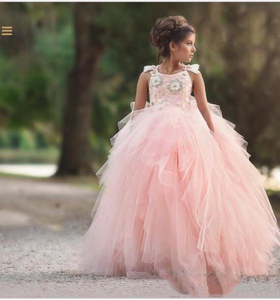 

2019 new ball gown pink tulle girls pageant dresses new first communion dresses flower girl dresses with beads g002, White;red
