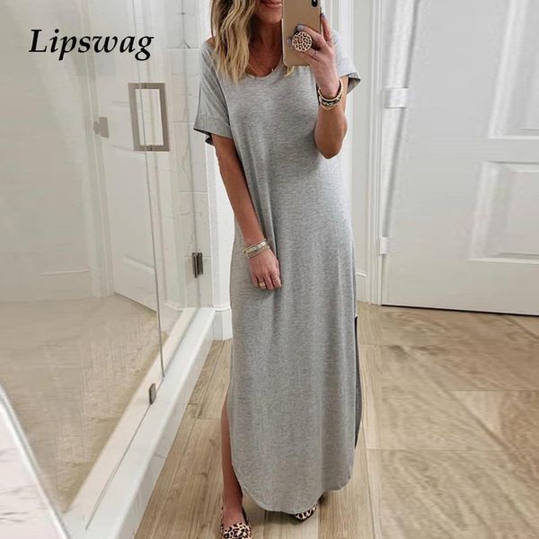 

new retro elegant summer 2020 dress women o neck short sleeve split long dress casual solid color irregular party dress vestidos