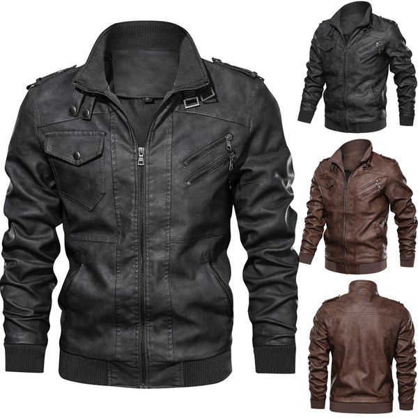 

men's jacket autumn and winter vintage zipper no hat stand collar solid color imitation leather jacket loose 8.7, Black;brown
