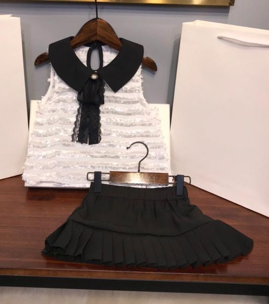 

children summer new fashion girls sweet vest + pleated skirt suit 2 pieces set solid color cute doll collar 90-140 baby kids, Blue