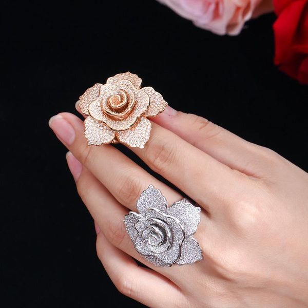 

erluer brand jewelry rings for women fashion silver rose gold fill crystal zircon flower luxury wedding party finger ring girl v191212, Slivery;golden