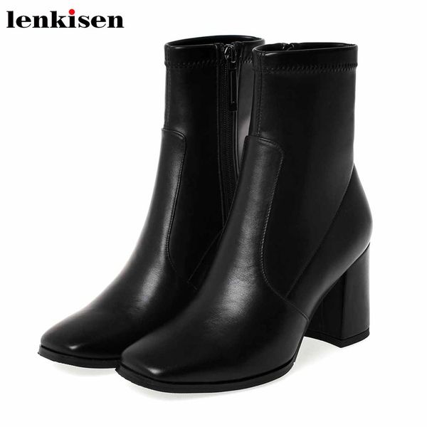 

lenkisen korean style cow leather stretch boots solid office lady square toe high heels side zip women big size ankle boots l01, Black