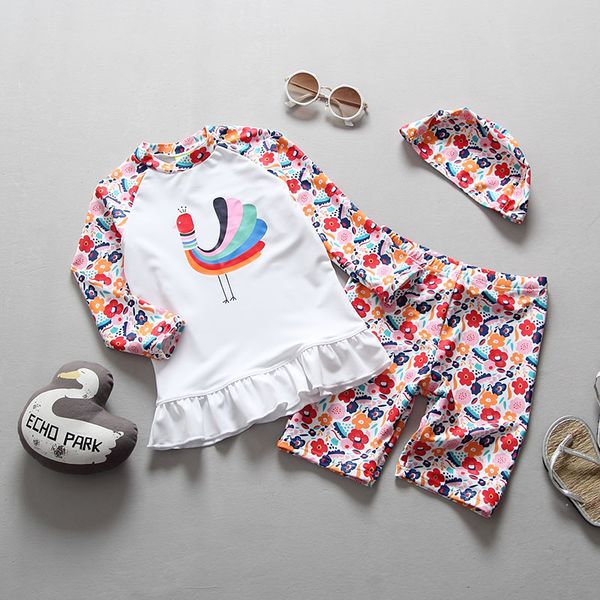 

children swimsuit girls two pieces long sleeve sunscreen swimwear fast dry surfing suit peacock floral print kids swimming suits