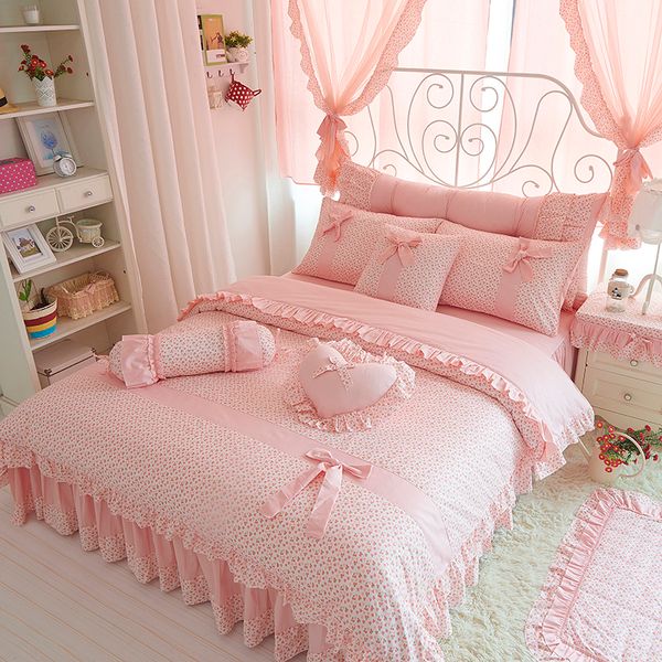 

cherry printing 100 cotton bedding sets king  size bow design quilt cover ruffles bedspread bed linen pillowcases 4/6/8pcs