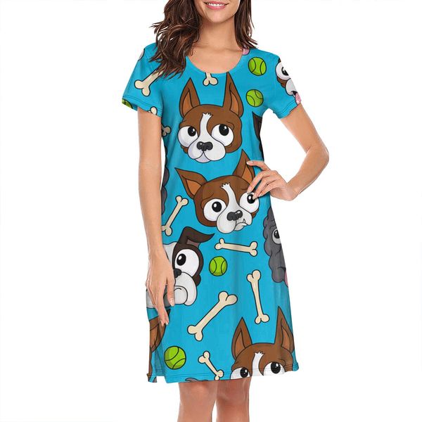 

nighties for women backgrounds for french bulldog pattern printing fun humorous short sleeve nightdress dogs wears glasses dog in funny, Black;red