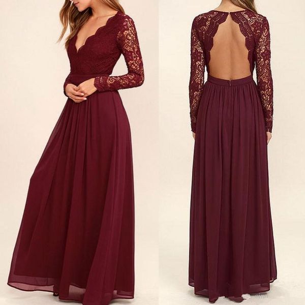 2020 Новые кружевные Burgundy Bridesmaid платья шифон юбка иллюзия лиф с длинными рукавами A-Line Junior Custry BrideMaids платья дешевые 4663