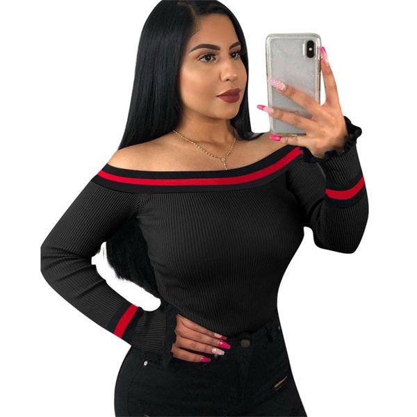 

street look striped webbing slash bateau neck off the shoulder flare long sleeves bodycon rib threaded knitted women blouses tight, White