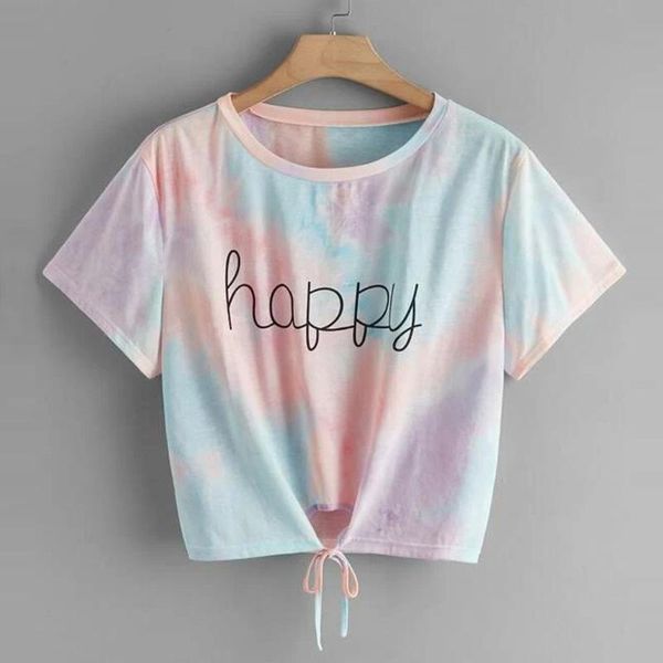 

women tie-dye t-shirts happy printed o-neck short style t shirts cut out crop short sleeve t-shirt bandage shirts#35, Black;blue