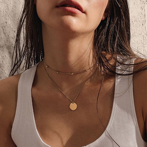 

mwm vintage multi layered necklace for women bohemian coin geometric stainless steel round pendant necklace jewelry, Golden;silver