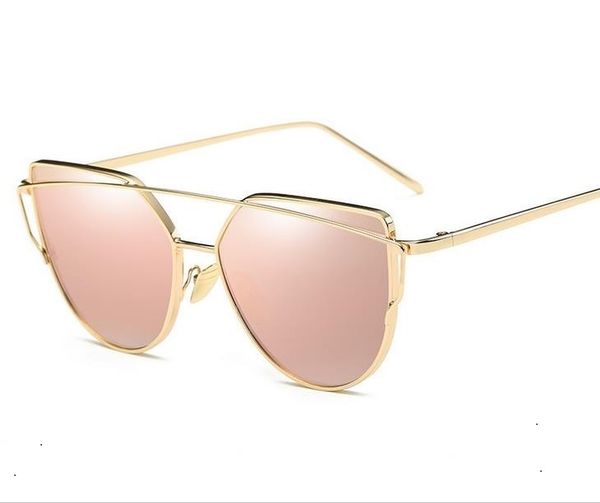 

2018 mirror flat lens women cat eye sunglasses classic brand designer twin-beams rose gold frame sun glasses for women, White;black