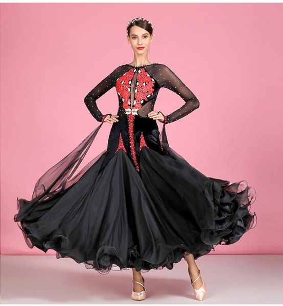 

new women mesh see through standard dance dresses waltz ballroom dance competition foxtrot rhinestones costume, Black;red