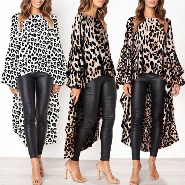 

leopard print dress leopard print long sleeve irregular lantern sleeve round neck simple lazy wind 24, White