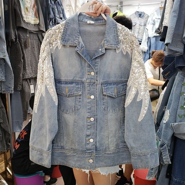 

sexemara fashion the new loose sequin beading denim jacket ing, Black;brown