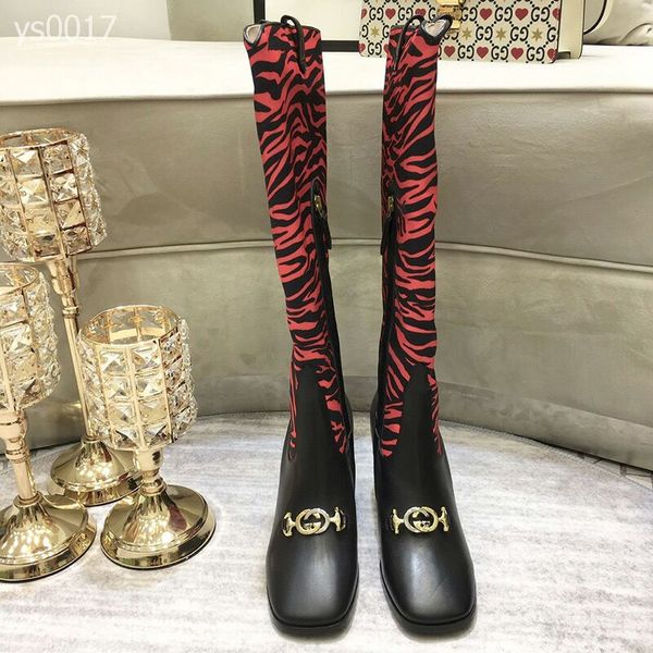 

2019 autumn and winter european station classic boots high-heeled women's boots side zipper colorblock stripe matching with ms. knight, Black