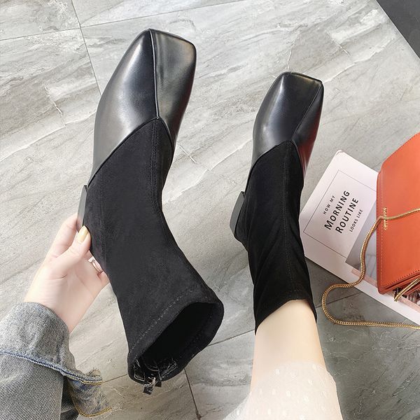 

lady boots chunky heel shoes low heels booties round toe luxury designer lace up bootee woman 2019 ladies mid-calf rubber fashio, Black