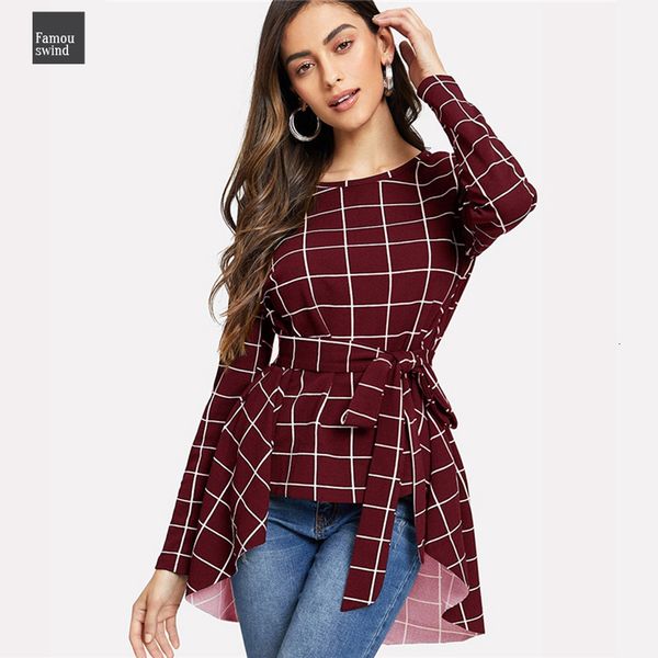 

и плед женщин топы блузки женские ol асимметричная hem belted сетка top с длинным рукавом женщины блузка рубашка elegant, White