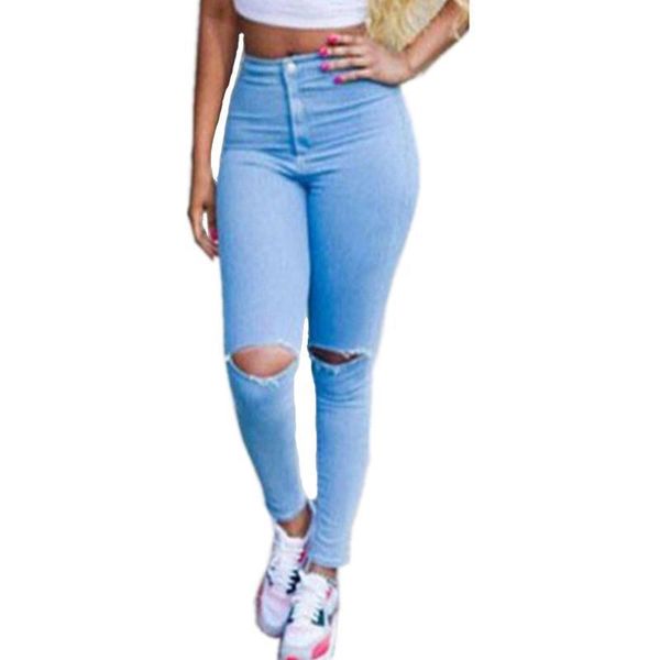 

2018 сексуальный рваные джинсы для женщин отверстие старинные брюки карандаш дамы высокой талии длинные брюки тонкий тощий джинсы, Blue