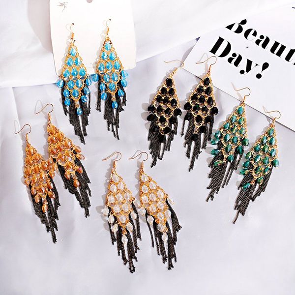 

boho long tassel earrings women accessories vintage earrings oorbellen rhombus geometric beaded, Silver