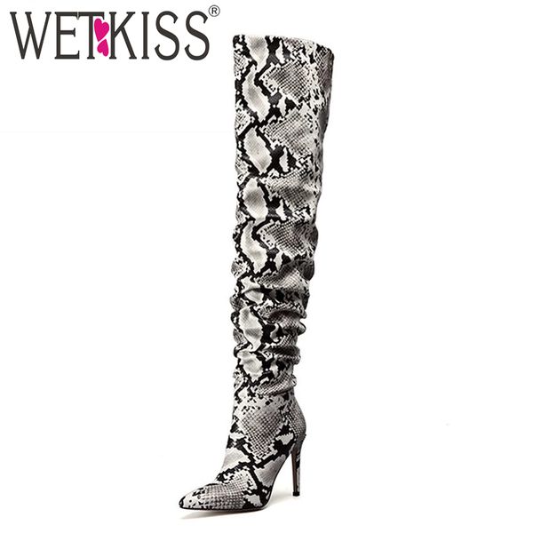 

wetkiss snake skin pu boots women over the knee slouch boot female high heels shoes ladies party pointed toe shoes winter, Black