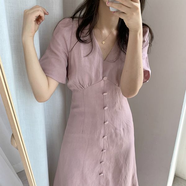 

long dresses with buttons summer women elegant a- line v neck short sleeve slim waist cotton solid color, White;black