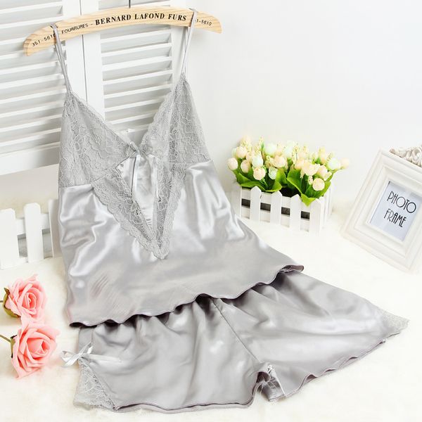 

v-neck 2pcs sleepwear women strap shorts casual satin intimate lingerie pajamas silky sleepwear home clothes bathrobe, Black;red