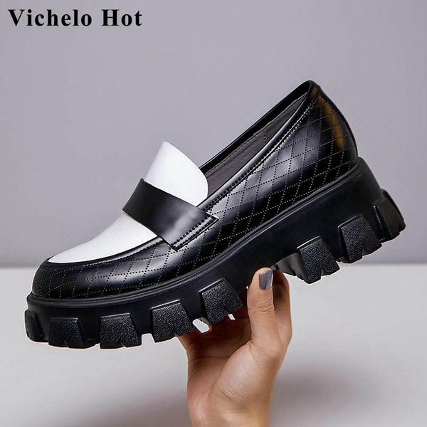 

vichelo full grain leather round toe high heels shoes women mixed colors rome young lady deep mouth slip on basic pumps l7f1, Black