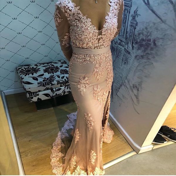 

v-neck long sleeves evening dresses champagne gold appliques beaded long formal party gowns front split evening gown sweep train, White;black