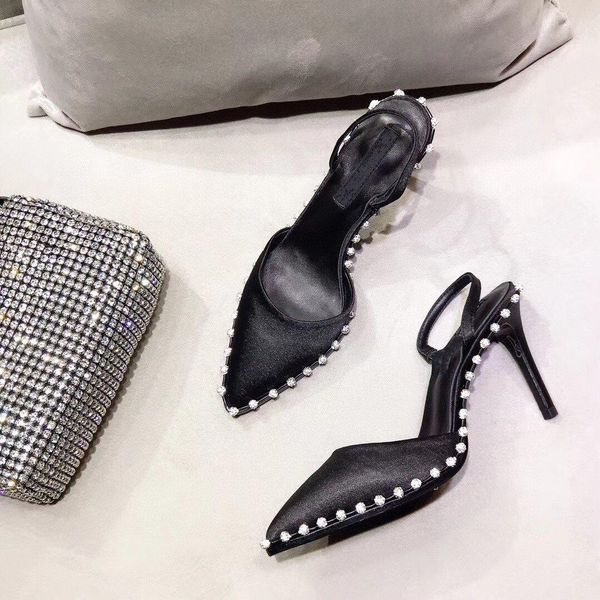 

yellow satin rina slingback pump nova crystal embellished high heel shoes with chain mesh rhinestone pouch r women shoes, Black