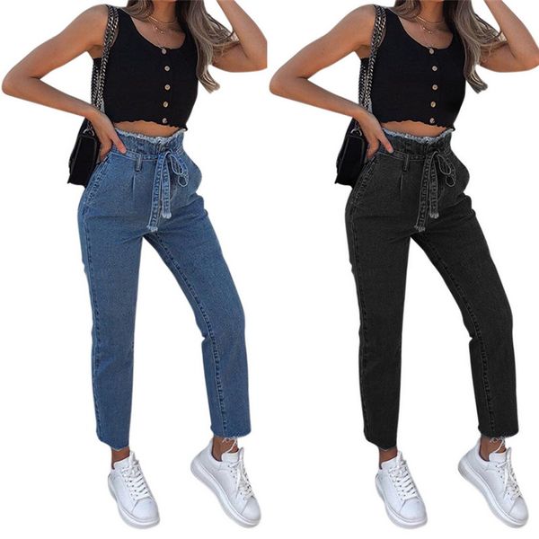 

lasperal women vintage jeans high waist stretch skinny denim tassel pencil pant spring ankle-length trouser zipper burr pants, Blue