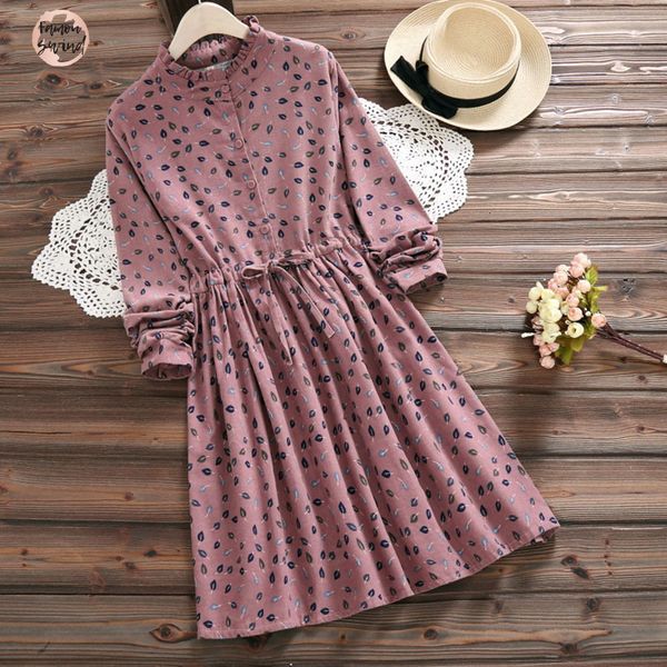 

девушка женщин платье mori осень зима стенд воротник печати хлопок ropa mujer полный мини розовый рукав платье дизайнер одежды, Black;gray