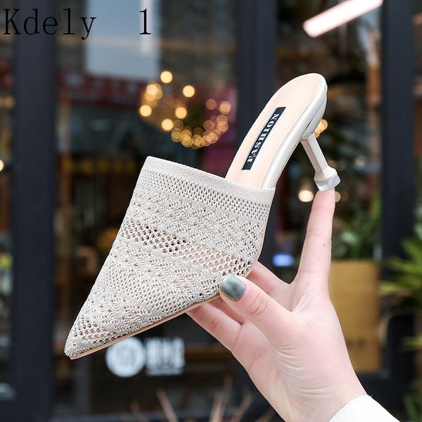 

candy-colored slippers 2019 summer new pointed knit with high heels slippers female sandals sandalias femenina women shoes, Black