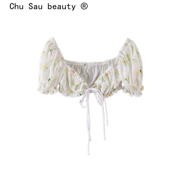 

chu sau beauty new fashion blogger style floral print crop women holiday short sleeve shirts female chaqueta de moda, White
