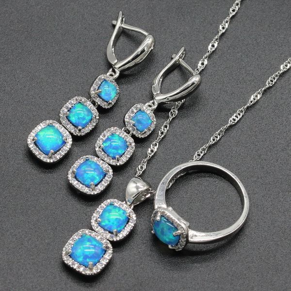 

australia opal 925 silver bridal jewelry sets square shape blue white pink colors for women earrings necklace pendant ring, Slivery;golden