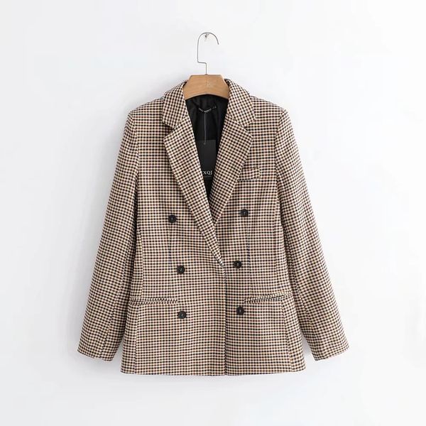 

women spring fashion double-breasted plaid suit jacket casual lady long sleeve coat autumn outerwear loose stylish jacket, Black;brown