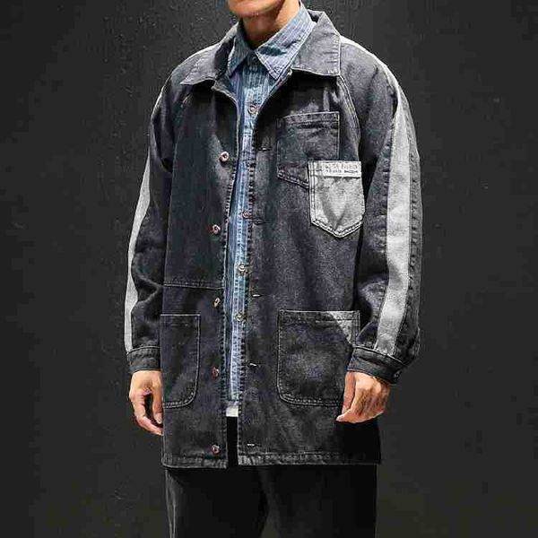 

longline pocket patchwork vintage chore coat men demin jacket, Tan;black