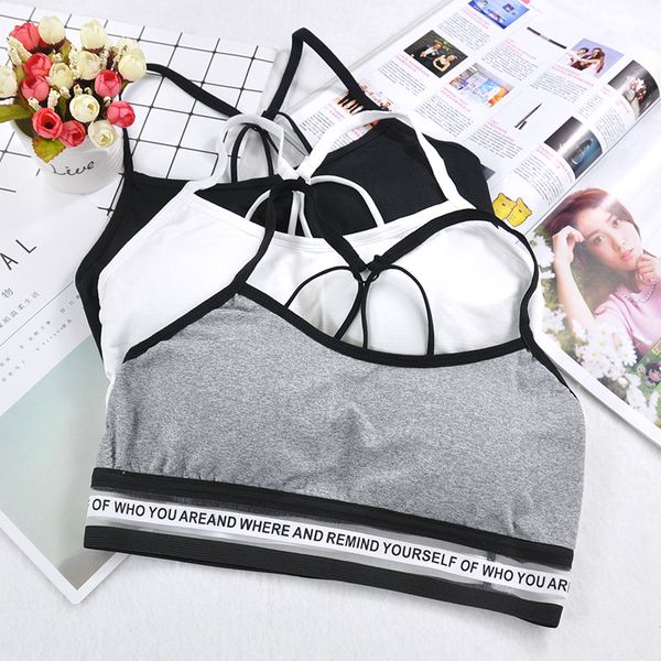 

women letter yoga padded sport shirt shockproof sports push up bras breathable athletic fitness running vest gym shirt, White;black