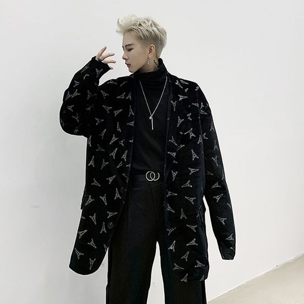 

men rhinestone pattern loose causal suit blazer jacket male vintage fashion street suit coat outerwear, White;black