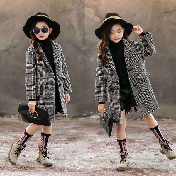 

#clearance# girls trench coat plaid overcoat girls winter coat wool jacket outerwear kids jacket for children clothes, Blue;gray