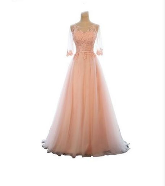 Neues 2019-Abendkleid für Bankett, süßes Rosa, U-Ausschnitt, halbe Ärmel, transparente Spitzenstickerei, A-Linie, langes Abschlussball-formales Kleid 492