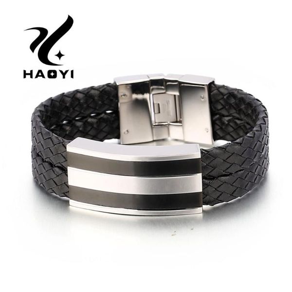 

haoyi stainless steel simple fashion metal bracelet for menleather silver color jewelry, Black